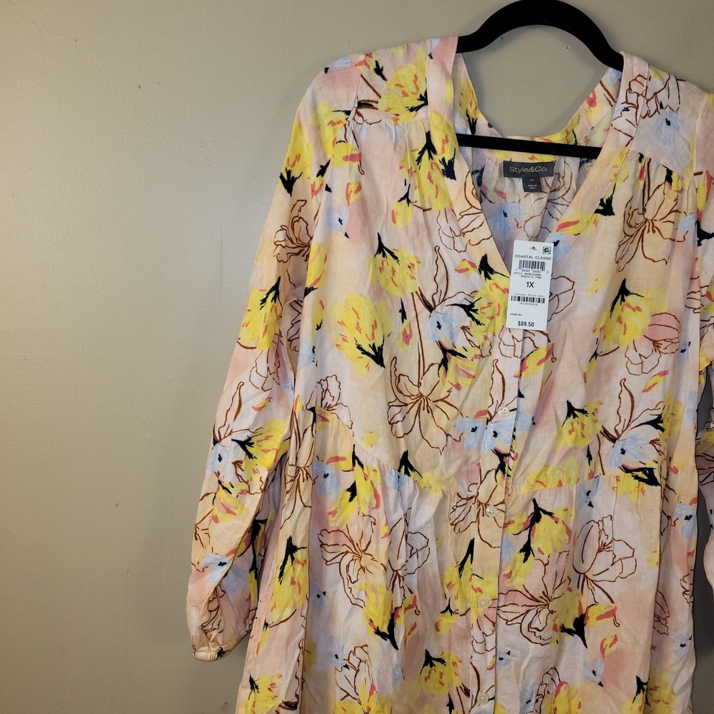 Style & Co Floral Midi Dress 1X Pink Yellow Button Front Long Sleeve Boho... - Picture 4 of 11